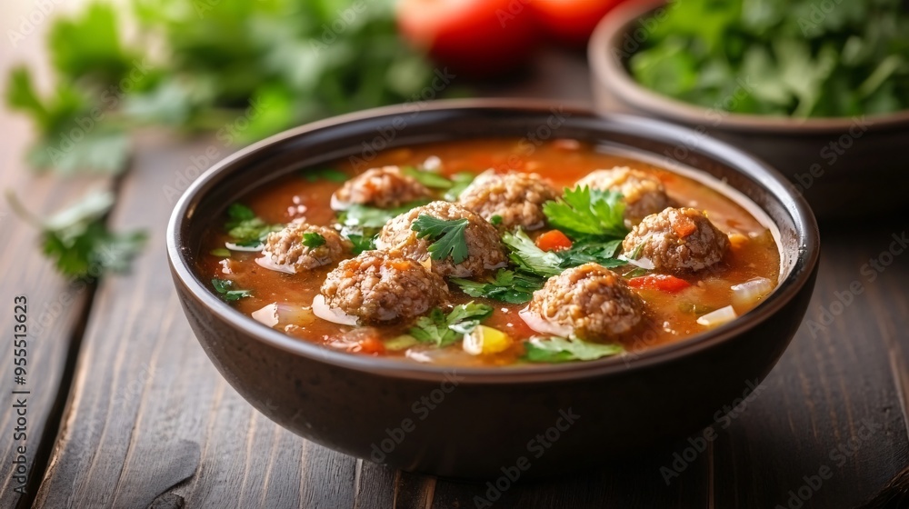 A bowl of Mexican albondigas soup, meatballs in a tomato-based broth with vegetables and fresh cilantro A bowl of Mexican albondigas soup, meatballs in a tomato-based broth with vegetables and fresh cilantro