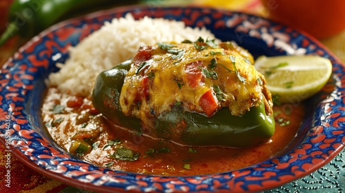 A colorful dish of chiles rellenos, stuffed poblano peppers, served with tomato sauce and rice photo