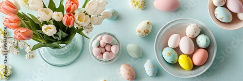 A beautifully arranged Easter centerpiece featuring colorful tulips and an array of pastel-decorated eggs spread across a dining table, creating a festive spring atmosphere photo