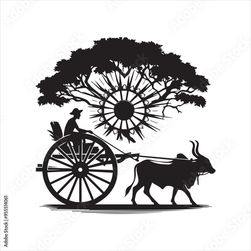 bullock cart wheel silhouette vector With White Background 