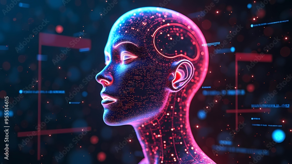 Digital Human Head with Neon Circuitry in Dark Space with Holographic Data Digital Human Head with Neon Circuitry in Dark Space with Holographic Data