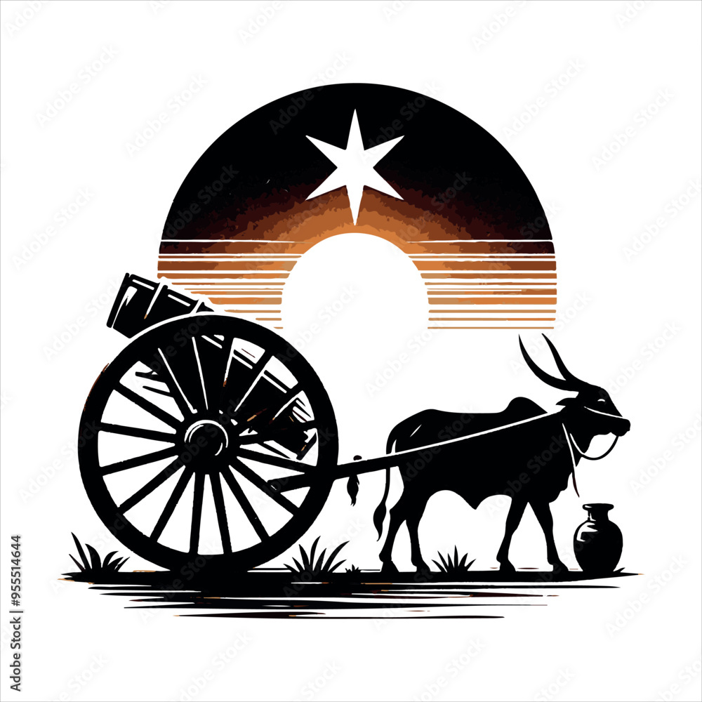 Fototapeta premium bullock cart wheel silhouette vector With White Background 