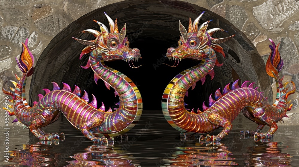 Two Colorful Dragons Facing Each Other Two Colorful Dragons Facing Each Other
