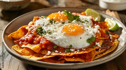 A plate of chilaquiles rojos, crispy tortillas drenched in red salsa, topped with fried eggs and crema photo