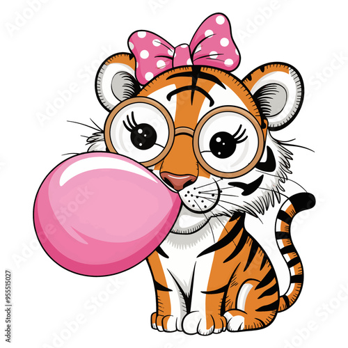 A whimsical illustration of a tiger with oversized round glasses, a pink bow with white polka dots, and blowing a large pink bubble gum balloon