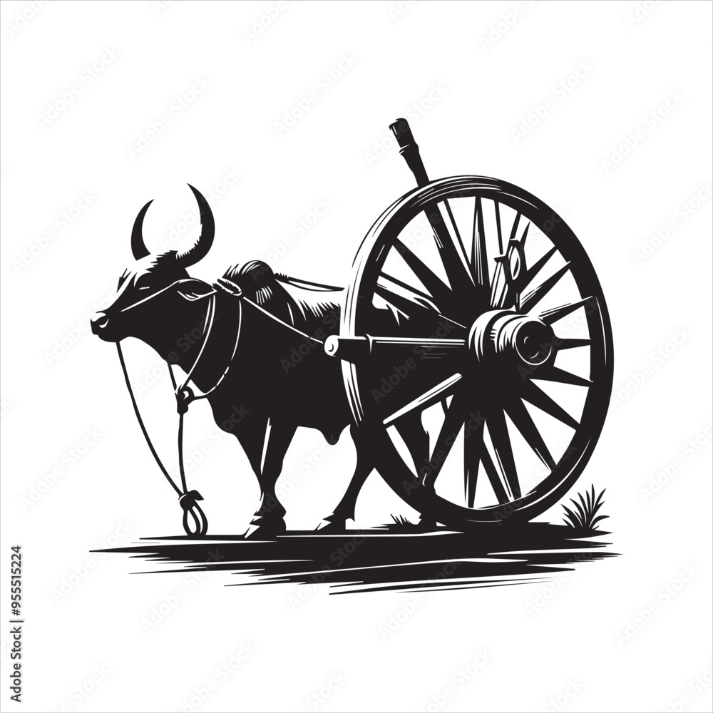 Fototapeta premium bullock cart wheel silhouette vector With White Background