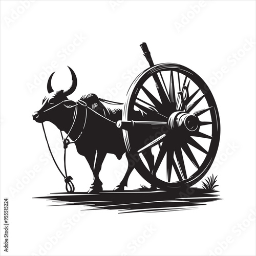 bullock cart wheel silhouette vector With White Background 