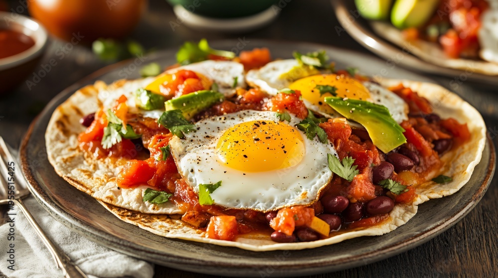 A plate of Mexican huevos rancheros, fried eggs on tortillas, topped with salsa, beans, and avocado A plate of Mexican huevos rancheros, fried eggs on tortillas, topped with salsa, beans, and avocado