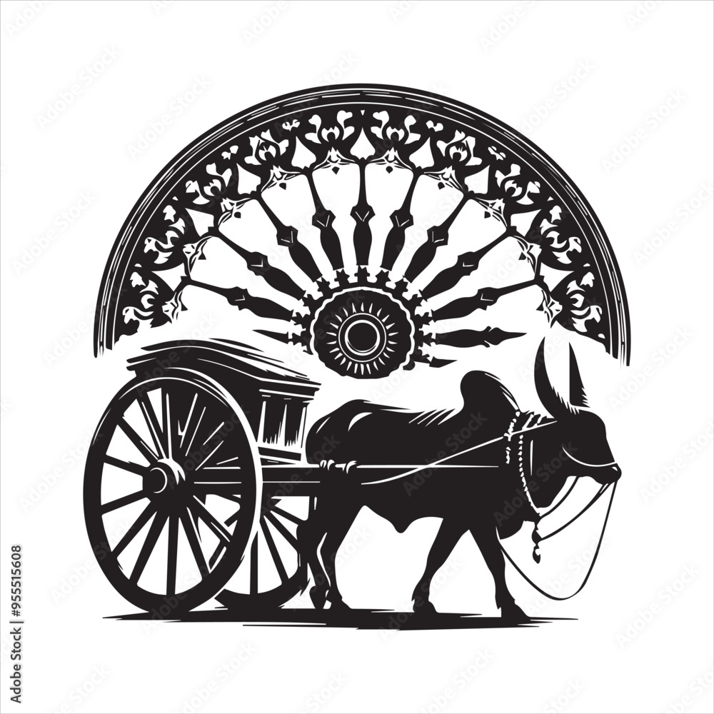 Fototapeta premium bullock cart wheel silhouette vector With White Background
