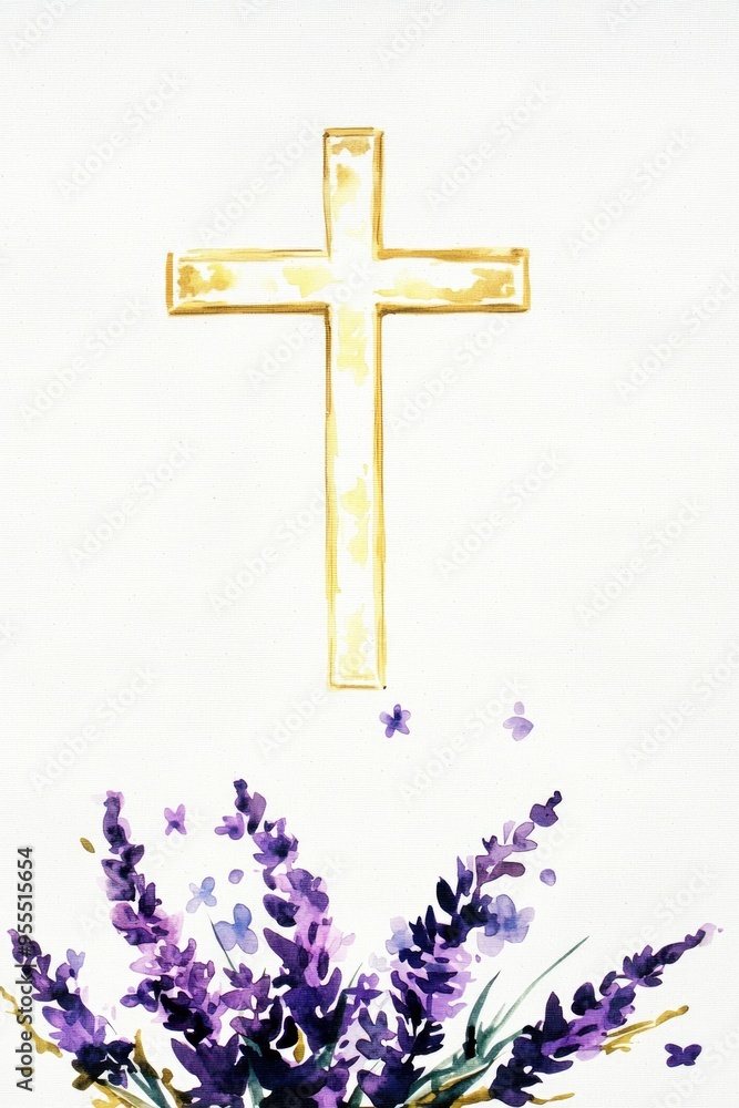 Watercolor Illustration of a Golden Cross with Lavender Flowers Watercolor Illustration of a Golden Cross with Lavender Flowers