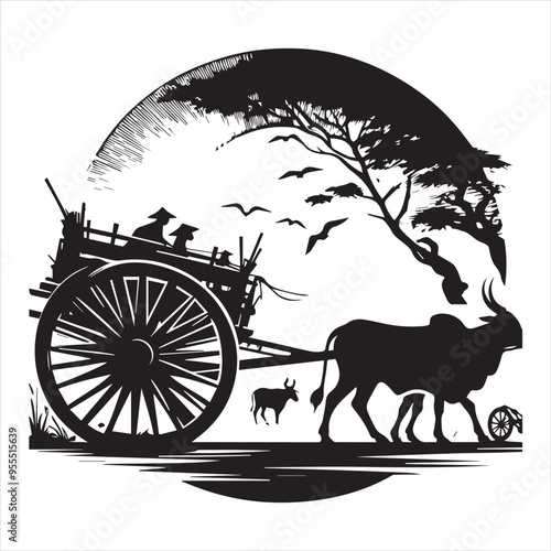 bullock cart wheel silhouette vector With White Background 