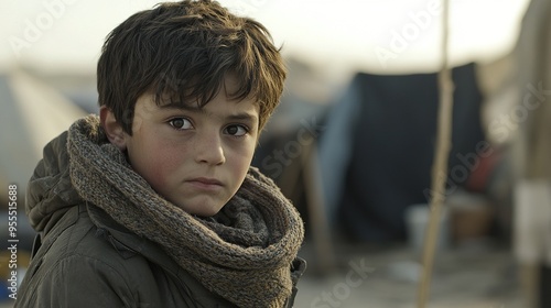 Close-up portrait of a young boy in a refugee camp with a solemn expression photo