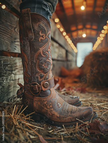 Detailed cowboy boots in a rustic barn setting.