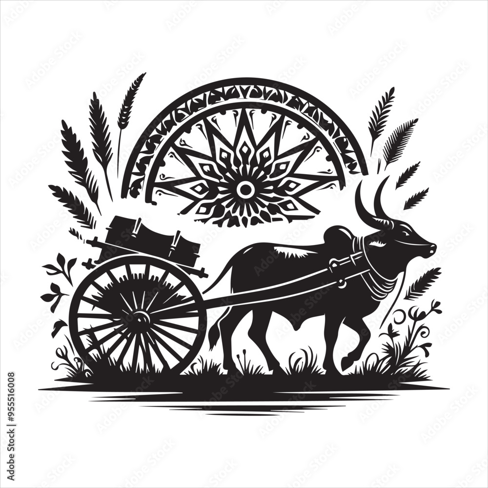 Fototapeta premium bullock cart wheel silhouette vector With White Background 