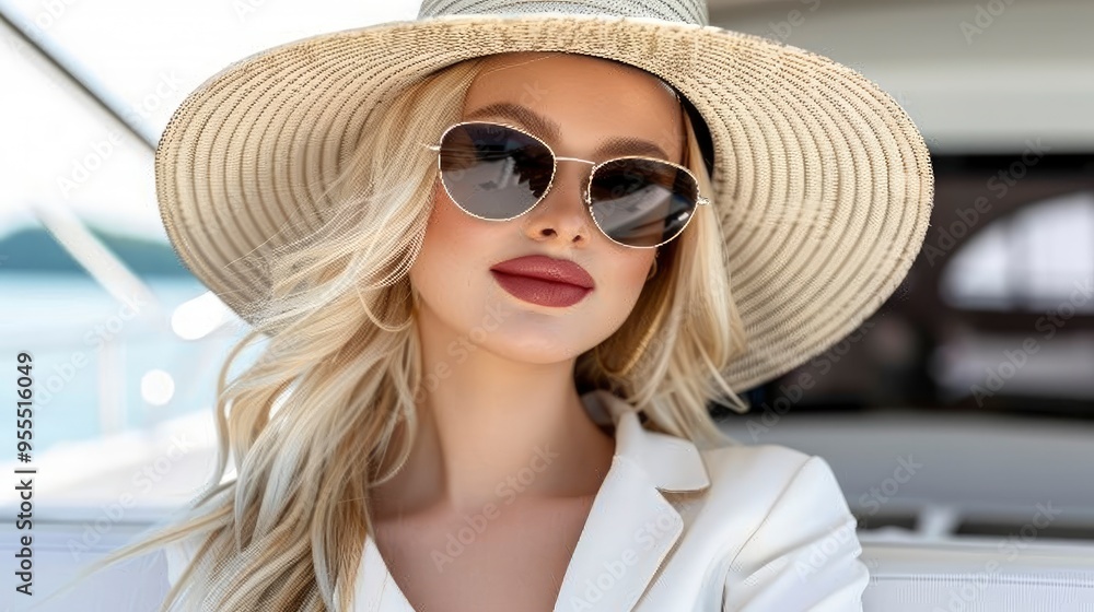 Beautiful woman in a straw hat and sunglasses on a yacht Beautiful woman in a straw hat and sunglasses on a yacht