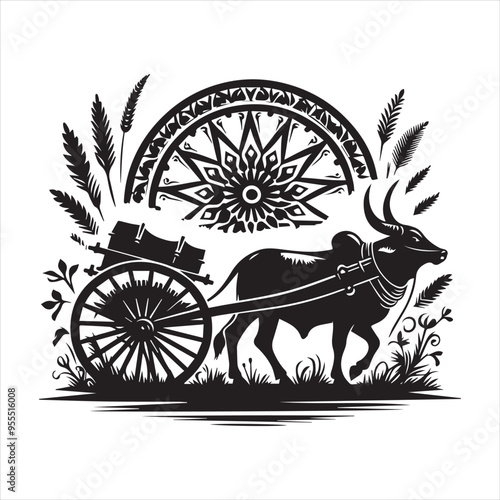 bullock cart wheel silhouette vector With White Background 