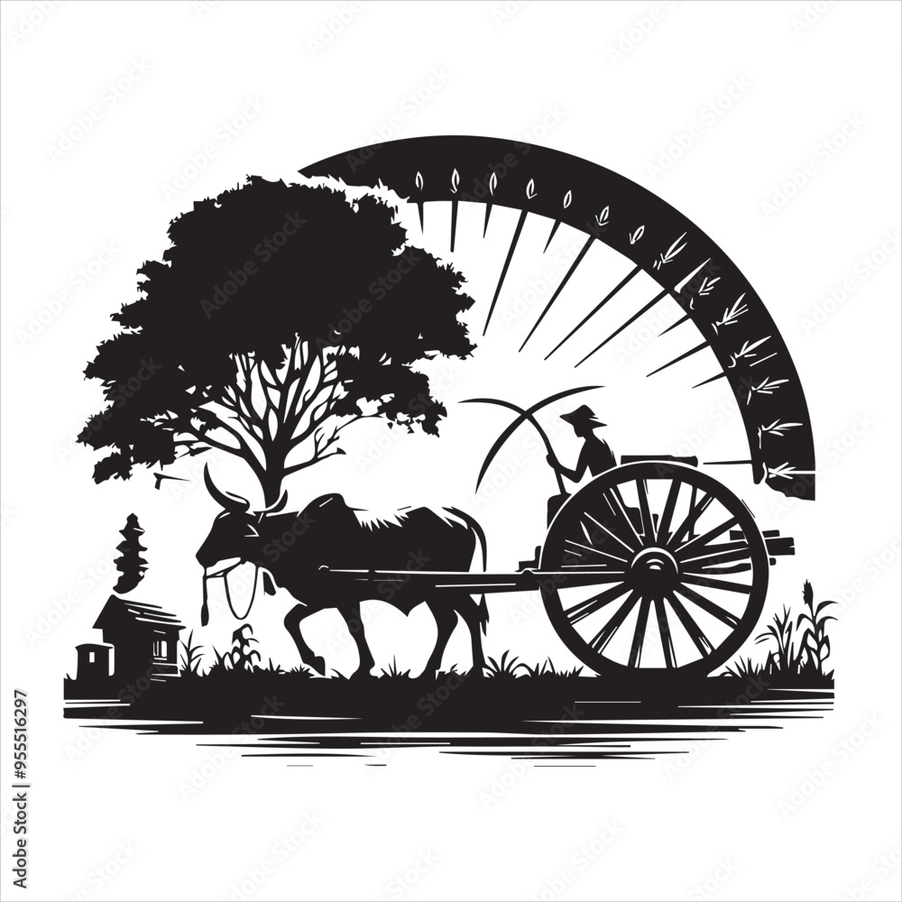 Fototapeta premium bullock cart wheel silhouette vector With White Background 