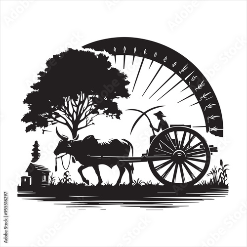 bullock cart wheel silhouette vector With White Background 