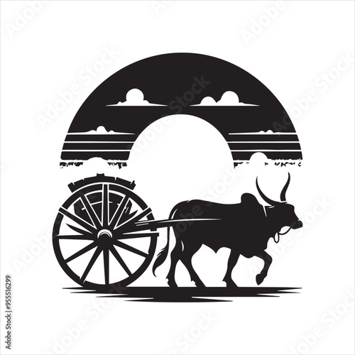 bullock cart wheel silhouette vector With White Background 