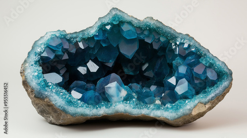 Raw blue celestite crystal geode showing sparkling crystals photo