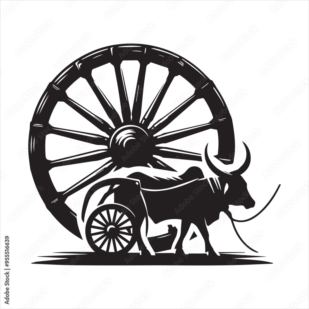 Fototapeta premium bullock cart wheel silhouette vector With White Background 