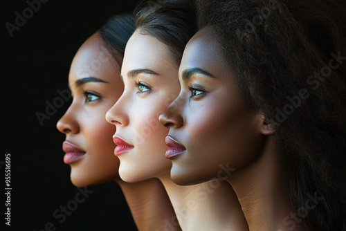 Side profiles of three diverse women emphasizing beauty