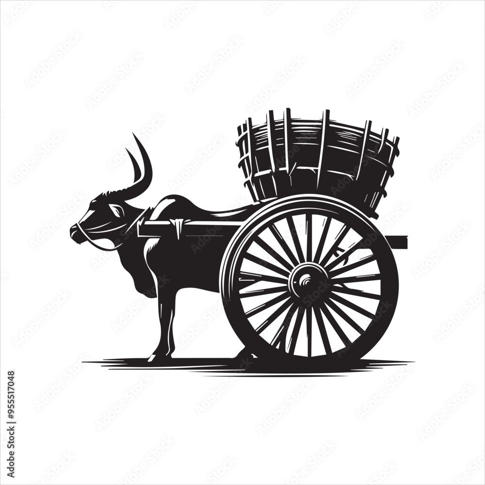 Fototapeta premium bullock cart wheel silhouette vector With White Background 