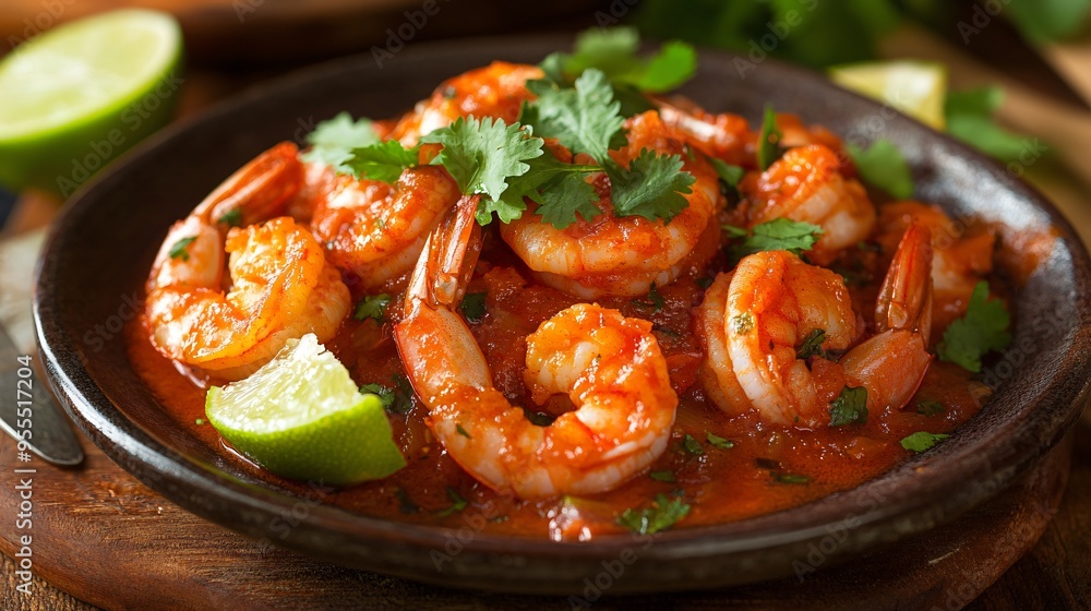 A serving of camarones a la diabla, spicy shrimp in a fiery red sauce, garnished with lime wedges and cilantro A serving of camarones a la diabla, spicy shrimp in a fiery red sauce, garnished with lime wedges and cilantro