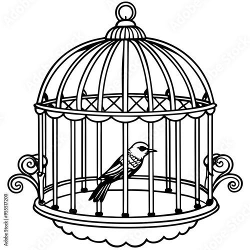 Bird in a Vintage Cage Elegant Vector