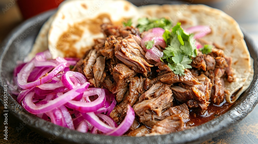 A serving of cochinita pibil, slow-roasted pork marinated in achiote, served with pickled red onions and tortillas A serving of cochinita pibil, slow-roasted pork marinated in achiote, served with pickled red onions and tortillas