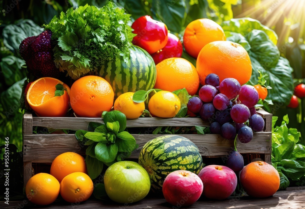 colorful array fresh fruits vegetables displayed nutritious setting lush greenery bright lighting, vibrant, organic, healthy, garden, market, assortment colorful array fresh fruits vegetables displayed nutritious setting lush greenery bright lighting, vibrant, organic, healthy, garden, market, assortment