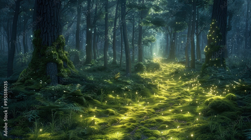 Fototapeta premium Enchanting Firefly Path in a Magical Forest