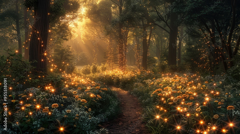 Enchanted Forest Path with Fairy Lights and Golden Hour Glow Enchanted Forest Path with Fairy Lights and Golden Hour Glow