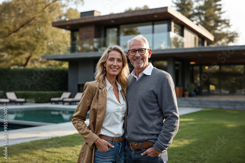 A joyful couple stands proudly in front of their luxurious mansion, enjoying the beautiful weather. The elegant home features a stunning pool and modern design elements.