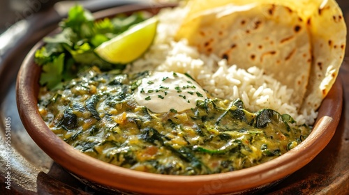 A serving of rajas con crema, roasted poblano peppers in a creamy sauce, served with rice and warm tortillas photo