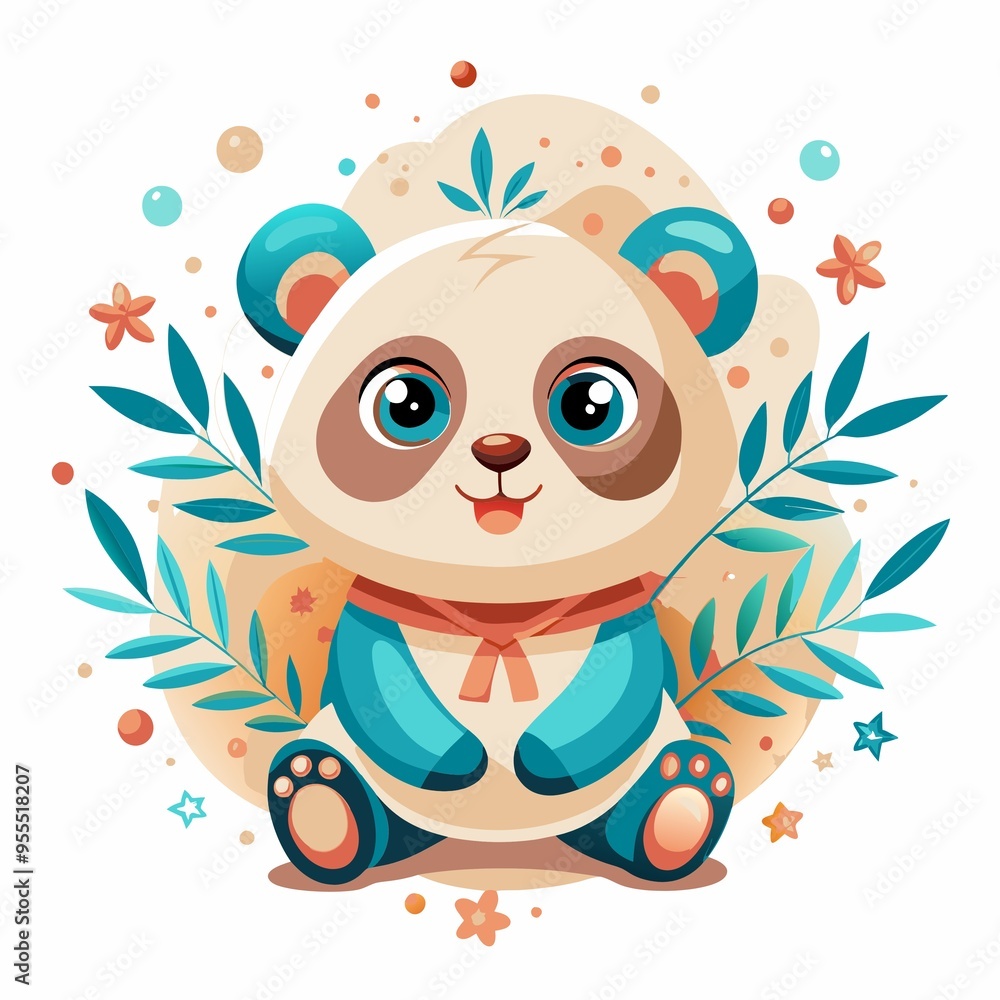 Cute cartoon panda with a scarf and cheerful expression, colorful illustration, copy space Cute cartoon panda with a scarf and cheerful expression, colorful illustration, copy space