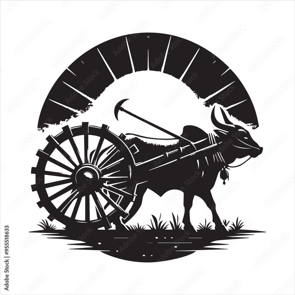 Fototapeta premium bullock cart wheel silhouette vector With White Background