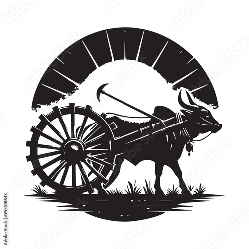 bullock cart wheel silhouette vector With White Background