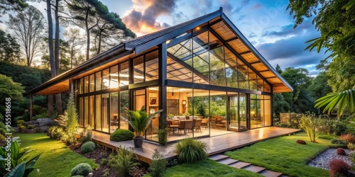 Sunset View of Modern Glass House in the Forest, modern home , glass house , forest , sunset