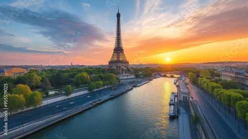 The eiffel tower and the seine river at sunrise in paris, france