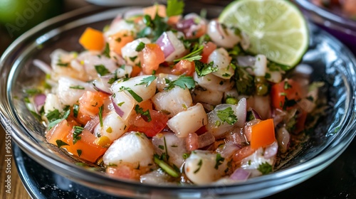 A vibrant plate of ceviche with fresh fish, lime, tomatoes, onions, and cilantro, served in a glass dish