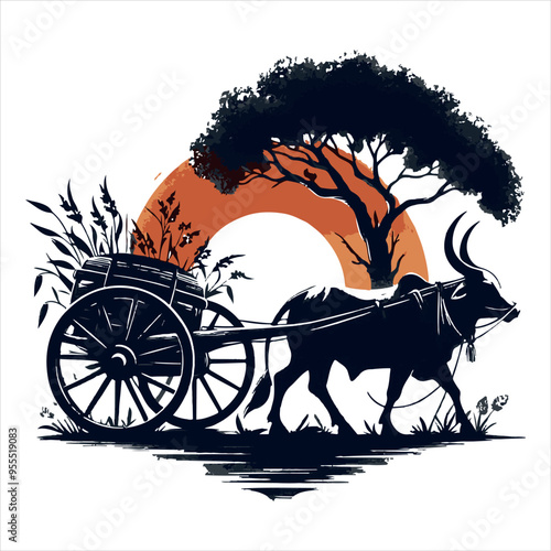 bullock cart wheel silhouette vector With White Background