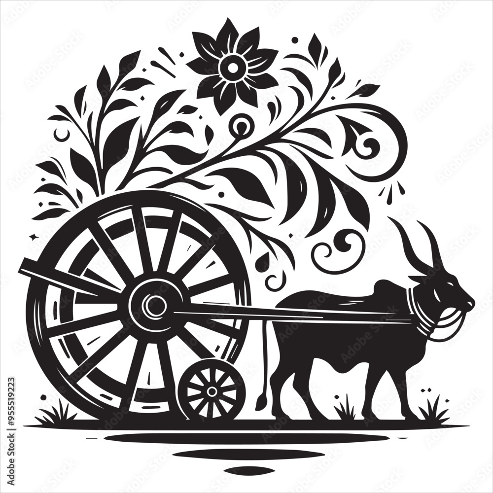 Fototapeta premium bullock cart wheel silhouette vector With White Background