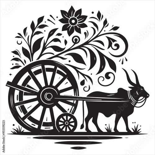 bullock cart wheel silhouette vector With White Background