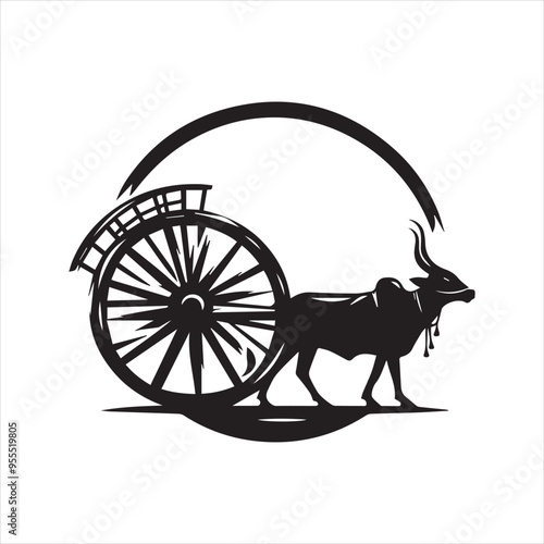 bullock cart wheel silhouette vector With White Background