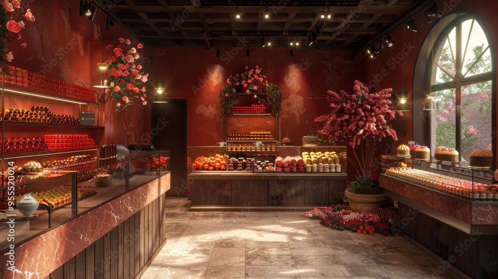Interior of a modern bakery with red walls and floral decorations Interior of a modern bakery with red walls and floral decorations