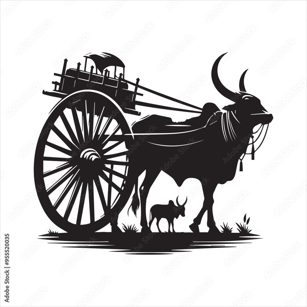 Fototapeta premium bullock cart wheel silhouette vector With White Background