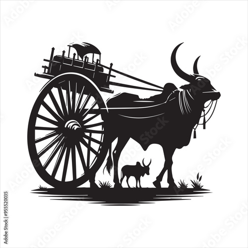 bullock cart wheel silhouette vector With White Background