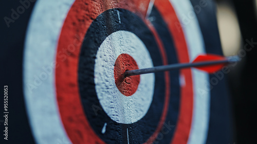 Red arrow hitting the center of archery target