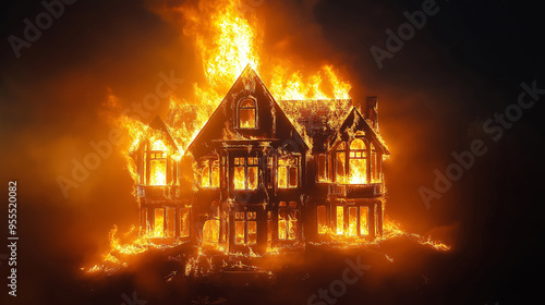 Large victorian house engulfed in flames at night